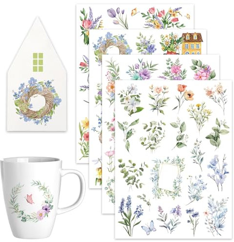 Rub On Sticker Blumen - 4 Bogen Rub On Sticker Frühling Aufkleber Blumen - Rub On Folie Transferaufkleber zum Basteln und Dekorieren für Raysin Keraflott Möbel Glas Holz Fotoalbum Scrapbook