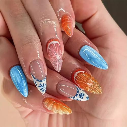 GlamRays Pack of 24 3D Fruit Press On Nails Short Almond Summer False Nails Press Ons French Nail Art Tips Glue Nails Stick On Nails Artificial Acrylic False Nails