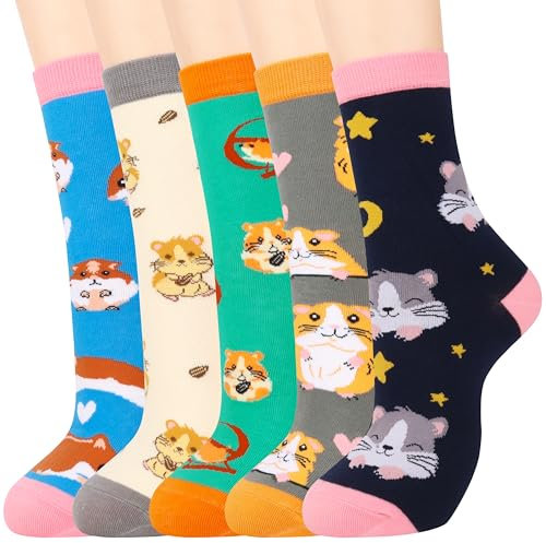 Jeasona 5 Pairs Hamster Socken Damen 35-38 Zwerghamster Zubehör Tiersocken Lustige Socken Lang