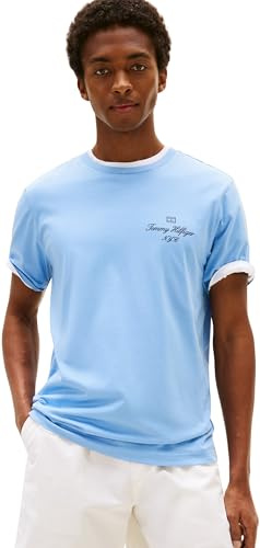 Tommy Hilfiger Herren T-Shirt Kurzarm Outline Script Tee Regular Fit, Blau (Cloudy Blue), L
