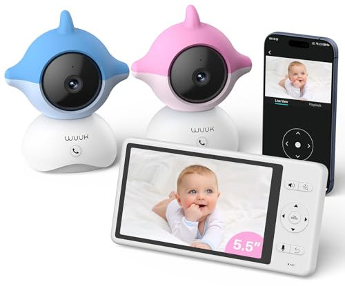 WUUK 2K Babyphone mit 2 Kameras und App, 5.5 Zoll Display mit 360° PTZ Baby Monitor, 10X Zoom, 305m Stabiler Anschluss, APP Unterstützen,One-Touch-Anruf, Bewegungs/Geräuscherkennung,White Noise