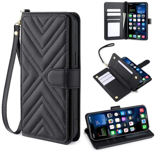 JLHYYXH Compatible with iPhone Xs Max 6.5, 8 Credit Card Slots Holders Wallet Kickstand Fashion Shockproof Cover with Wrist Strap Case for iPhone Xs Max 6.5-Black