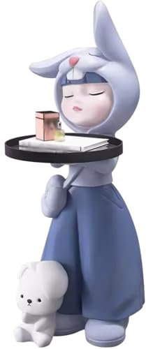 Statue Mit Tablett Bodenstehendes Kaninchenmädchen Skulptur Mit Tablett, Großes Nachttisch-Ablagetablett Für Das Schlafzimmer, Harzverzierungen, Einweihungsgeschenk(Blau)