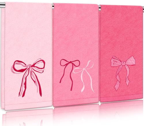 FYSUIMU Dekorative Handtücher aus Baumwolle im Coquette-Stil mit gestickten rosa Schleifen, weich und saugfähig, für Küche und Badezimmer, 75 x 35 cm, Rosa, 3er-Set