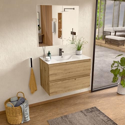 BELLOBATH - Mueble Baño Suspendido con Lavabo de Cerámica y Espejo, Mueble Baño con Lavabo Montado con 2 Cajones, 100 x 55 x 46 cm, Mueble Roble