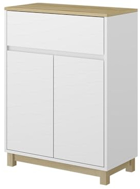 Vicco Meuble Middle Livia, Blanc, 60x80cm | avec tiroir, pour le rangement au-dessus des toilettes avec espace étagère ouvert
