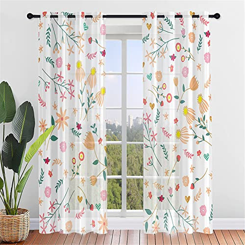 Hiseng Voile Vorhänge mit Ösen 2er Set Moderne Gardinen mit Ösen Frühlingsblumen Druck Transparent Vorhänge Ösenvorhang Halbtransparent für Wohnzimmer Fenster Schlafzimmer (Gänseblümchen,132x213cm)