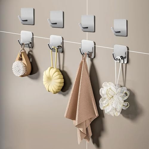 EDMILE 8 Pack Adhesive Wall Hooks, Self-Adhesive Hooks for Bathroom, Door Back Stick-On Towel Hooks, Hanging Coat Hat Key Washcloths Aprons Oven Mitts for Kitchen Shower Garage Home, Silver