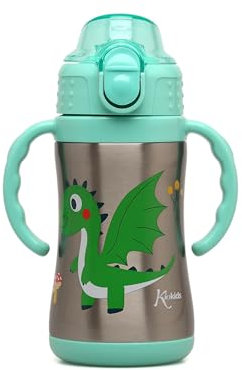 KIOKIDS | Botella Entrenamiento Dragón | Acero Inoxidable 304 | Pajita Silicona Integrada | Mecanismo Apertura Botón | Termo Doble Pared | VERDE