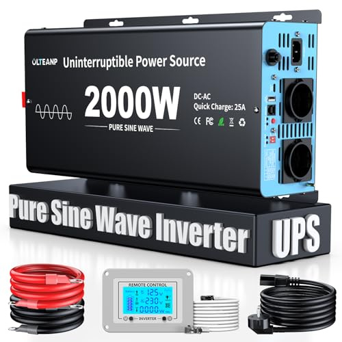 OLTEANP 2000W Wechselrichter12V auf 230V Reiner Sinus,Spannungswandler mit Netzvorrangschaltung und ladefunktion und USV Funktion,Fernbedienung mit LCD-Bildschirm, Automatische Umschaltung für Netz
