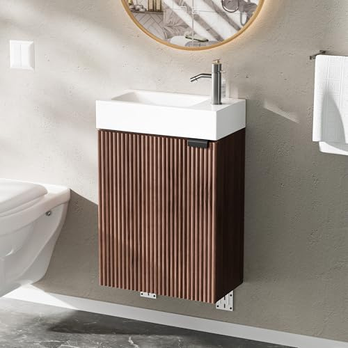 Ztexkee Waschtisch mit Unterschrank 40x22x58cm Unterschrank kleine Badmöbel Set Waschbecken mit Tür für Gäste WC Weiß und Braun(Wasserhahn Nicht im Lieferumfang enthalten)