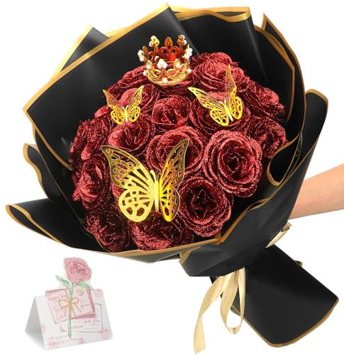 CIOXSOIO 24 Stück Glitzer-Rosenstrauß, Glitzer Rosen Bouquet, künstliche Rosensträuße, DIY künstliche Glitzer-Blumensträuße mit Krone für Geschenke Hochzeitstag Verlobungstag Geburtstag, Muttertag