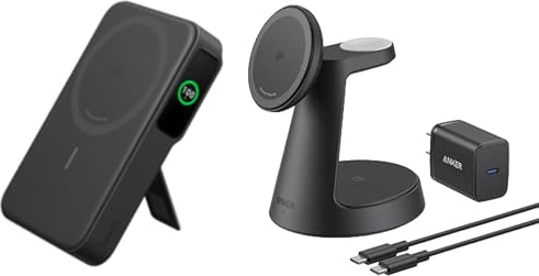 Anker MagGo Power Bank (10000 mAh, Qi2, 15 W) & Anker MagGo Caricatore Wireless iPhone (Dock Stand, 3 in 1, 15W, Qi2)