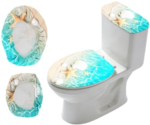 CRAFTYMELODY 2Pcs Coastal Beach Toilet Lid Cover and Tank Cover Set Stretch Cover Sets Toilet Seat Covers Fabric Sets Machine Wash Fits Round Elongated Oblong for Bathroom Replacement