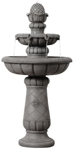 Teamson Home Two-Tier Outdoor Birdbath Fountain with Shallow Basin, Light Grey Stone-Effect Finish and Gentle Flowing Water 99cm Tall, Light Grey