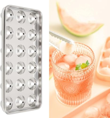 18 Slot Stampo per Ghiaccio 304 Acciaio Inossidabile, Sfera Raffreddamento | Vassoio Congelatore Decorativo Rotondo Con Coperchio, Creatore Di Sfere per Bar Feste Gli Appassionati Bevande All'aperto