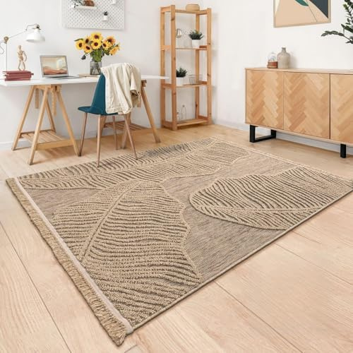TT Home Outdoor Teppich Wetterfest Balkon Esszimmer Küche Boho Design Blattmotiv Florale Optik Unifarben Mit Fransen 3D Effekt, Größe:80x150 cm