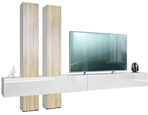 Vladon Meuble-paroi Moja de Blanc Mat & Blanc/chêne Nature - Meuble-paroi Moderne pour Votre Salon (LxHxP) 330 x 204 x 39 cm