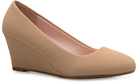 Olivia K Women's Adorable Low Wedge Heel Shoe - Easy Low Pumps - Basic Slip On, Comfort, Taupe Nubuck, 6.5 UK