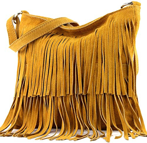 modamoda de T125 Damen Wildleder Fransen Schultertasche Umhängetasche, handmade in Italy