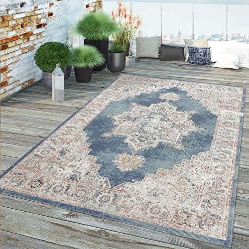 TT Home In-& Outdoor Teppich Küche Wohnzimmer Wetterfest Balkon Vintage Design Abstrakt, Farbe: Blau 3, Größe:80x150 cm