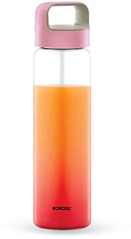 Borosil Glass Water Bottle, 1000ml, Borosilicate Glass, Wide Mouth with Handle, Pink OR Blue Lid (PINK)