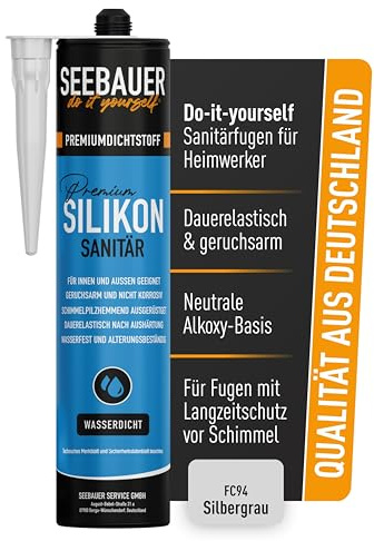 SEEBAUER diy Sanitär-Silikon Silbergrau 300ml - Fugen im Innen- & Außenbereich - Sicher gegen Schimmel und ideal für Bad, Küche & Wohnbereiche - Geruchsarm und frei von Schadstoffen (1 Stück)