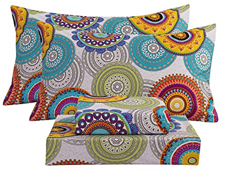 Bedlifes Queen-Size-Bettlaken-Set, bedruckt, ultraweich, gemustert, tiefes Bettlaken, Spannbetttuch und Kissenbezüge, 100 % Mikrofaser, 4-teilig, Queen-Size-Bett, mehrfarbig, Mandala