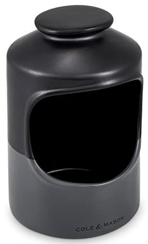 Cole & Mason Strethall Salero de Cocina Tarro, Bote de Ajos, Negro/Gris, Recipiente de Almacenamiento Redondo para Sal, Hierbas y Condimentos, Cerámica, 163mm x 110mm
