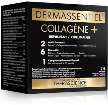 DERMASSENTIEL COLLAGÈNE+ | Repulpe & Raffermit | 10g de Collagène marin hydrolysé Peptan® | Acide hyaluronique Nutrihyl®| 6 Bio-actifs | Zinc + Vitamine C | 15 sachets | Laboratoire THERASCIENCE