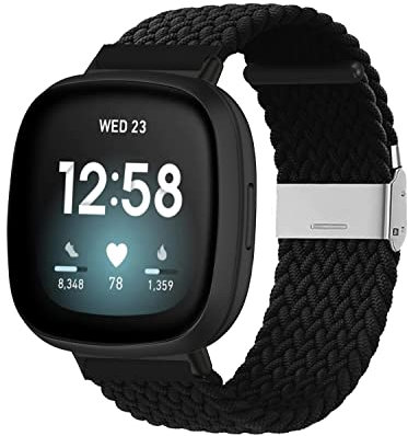 Niboow Armband Kompatibel mit Fitbit Versa 3/Sense, Herren Damen Elastisch Geflochtene Ersatzarmbänder, Nylon Ersatzband Armband für Fitbit Versa 3/Sense - Schwarz