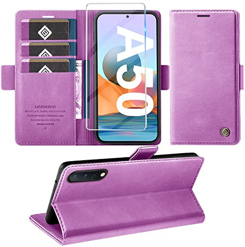 Handyhülle für Samsung Galaxy A50 Hülle mit Schutzfolie, Standfunktion Kartenfach Wallet Premium Leder Schutzhülle A50/A30S Flip Case Cover Stoßfeste Klapphülle A50/A30S 6,4 Zoll (Violett)