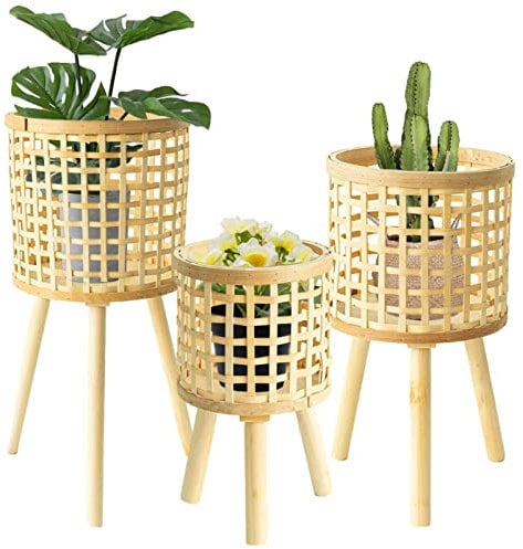 Fly 3er Set Pflanzenständer - Rattan Blumenständer Präsentationsständer | Verstellbar Dekorative Pflanztöpfe Ständer | Blumentopf Ständer Blumenhocker Aus Bambu Für Pflanzen Und Blumen