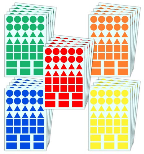 1800 Stück - Sticker Geometrische Aufkleber Formen Etiketten (Kreis, Dreieck, Quadrat, Rechteck) - 5 Farben