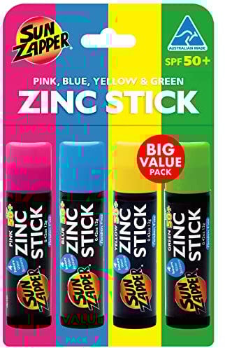Sun Zapper Zinkoxid-Mineral-Sonnenschutzstift (Rosa, Blau, Grün, Gelb) SPF 50+ Wasserfest für Gesicht & Körper, Erwachsene, Kinder, 4er-Pack Breitspektrum-Farbsonnenschutz - Sonnencreme aus Australien