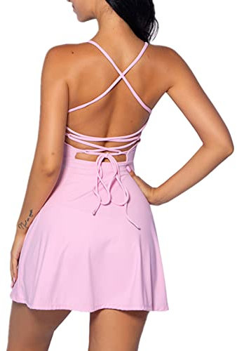 IDOPIP Tenniskleid für Damen mit integriertem BH und Shorts mit Taschen Sexy Schnürung Rückenfreies Golf Athletic Sportkleider rosa M
