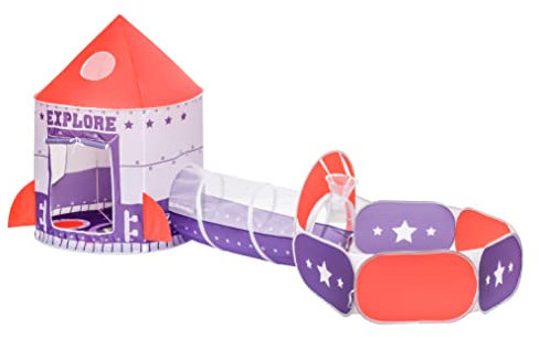 Baroni Toys 3 en 1 Pop Up Tienda de Campaña Infantil, Túnel y Piscina para Niños 3 4 5 6 7 Años, Cohete Espacial, Bolsa de Transporte, Tienda de Juguete para Interiores y Exteriores, Casa para Niños