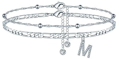 TINGN Fussketten für frauen, Silber Fußkettchen für Damen Fußkette mit CZ Buchstaben M Doppelte fußkettchen Verstellbar Sommer Stand Süß Geschenk für Frauen Mädchen Tochter