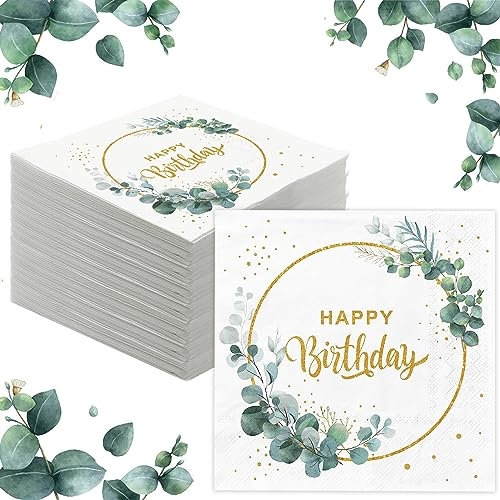 Wentsent 80Stück Servietten Eukalyptus Grün Geburtstag, Happy Birthday Napkins Tischdekoration, Tischdeko für Konfirmation Babyparty Taufe, Vintage Einweg Napkins Tisch Dekorationen (Grün B, 80)