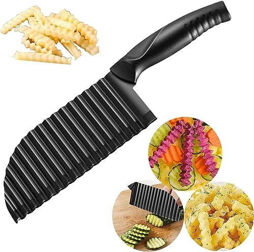 Neletao Crinkle Potato Cutter 2.9 x 11.8 Stainless Steel Waves French Fries Slicer Handheld Chipper Chopper, Vegetable Salad Chopping Knife Home Kitchen Wavy Blade Cutting Tool, Black