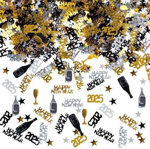 RUNEAY Konfetti Tischdeko HAPPY NEW YEAR 1000 Stück, Silvester Deko 2025, Glitzer Schwarz Gold, Neujahrsdeko, Partydeko Silvesterparty