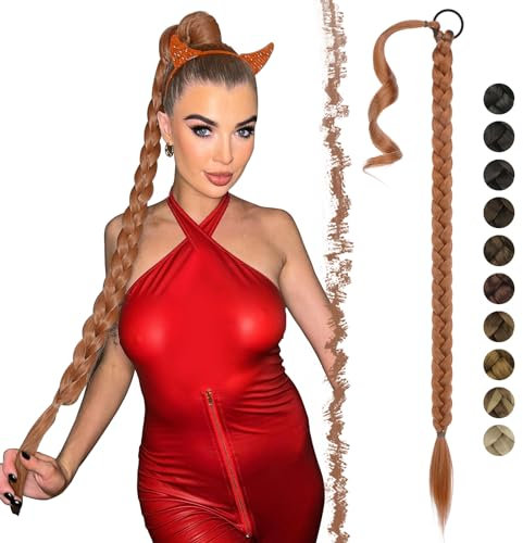 FESHFEN Braid Extensions Pferdeschwanz Verlängerung mit Haargummi, 65 cm Lang Ponytail Geflochten Zöpfe Kunsthaar Haarverlängerung Zopf Haarteil für Damen, Kupferrot
