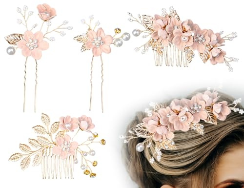KAPSING 4 Stück Braut Haarschmuck Hochzeit, Strass haarkämme floral Braut Kopfbedeckung, Perle Blume Braut Haarschmuck, Handmade Brautschmuck Haarkamm Haarspange
