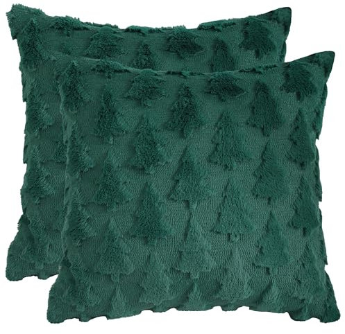 Tosleo 2 Stück Weihnachten Kissenbezüge 50 x 50cm Grün Doppelseitig Plüschfell Kunstfell Bäume und Sträucher Weihnachtsbaum Weiches Zierkissenbezüge Kissenhülle für Sofa Couch Schlafzimmer Wohnzimmer