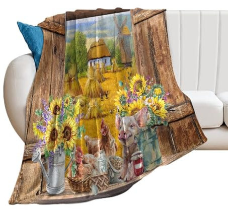 COALHO Rustikaler Bauernhof, alte Holzbretter, Überwurf, Sofa, Couch, flauschig, warme Decke, Aquarell, Bauernhaus, Scheunentür, Frühlingsblumen, Sonnenblumen, Decke, Bett, Plüsch, Überwurf,