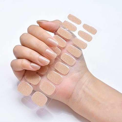 Semi Cured Gel Nails Strips - Glitter Gold Semi Cured Nail Wraps -18Pcs Stickers French Manicure Stickers - Long Lasting Gel Nail Stickers