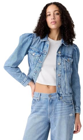 GAP Women's Denim Puff Sleeve Jacket, Medium Wash, XXL