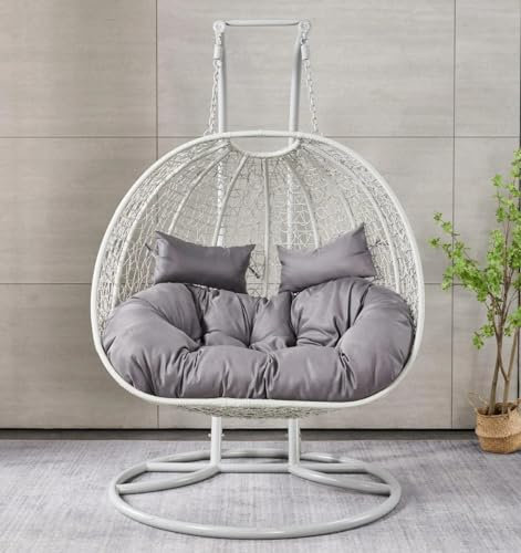 MSZ Double Hanging Egg Chair – Light Grey Cocoon Swing Seat with Cushions | Garden Rattan Hanging Chair for 2 | Indoor Outdoor Patio Balcony Egg Swing | Stylish & Comfy Hammock Seat