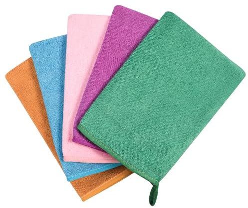 PHOGARY 5 Gants De Toilette Taille 15x21 cm, Très Doux & Absorbant Gants en Microfibre, Léger Petite Serviette Main pour Visage, Serviette Invité avec Boucle de Suspension
