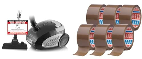 Emerio VE-109959.14 & tesa Pack 64014 im 6er Pack - Geräuscharmes Paketklebeband zum Verpacken von Paketen und Versandschachteln - braun - 6 Rollen je 66 m